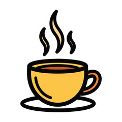 Yellow coffee cup with steam on saucer flat illustration hot drink beverage