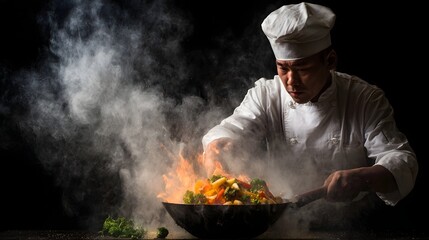 Professional male chef expertly stir frying vibrant fresh vegetables in a flaming wok showcasing dynamic culinary action against a dark background