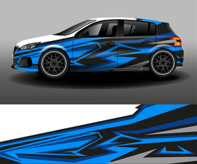 Sporty Racing Van wrap. Car design development for a company. Abstract background with blue and gray stripes for a vinyl car wrap. Car branding.