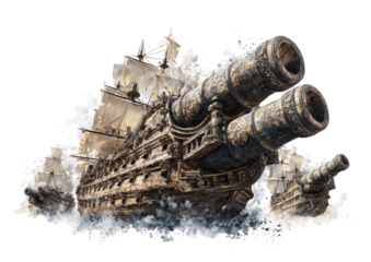 A majestic, antique warship, propelled through a turbulent sea