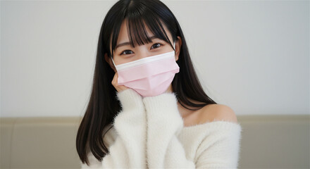 ピンクマスクをつけて微笑む可愛い女性のポートレート