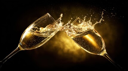 Champagne splash with golden lighting on dark background, perfect for New Year promotions or party invitations.