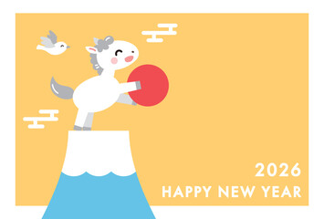 初日の出の富士山と馬の年賀状　午年　2026　横　かわいい　イラスト
