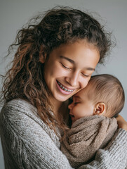 Young woman embraces her baby with love in a cozy indoor setting during the afternoon