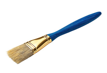 A angled, close-up view of a paintbrush.  The brush has a light beige/cream colored bristle head, a gold-colored ferrule, and a dark-blue handle with a textured/patterned surface