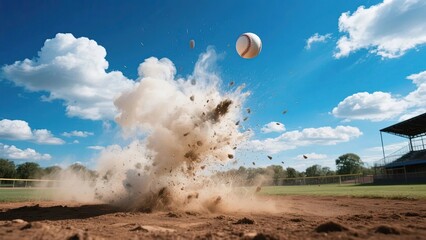Baseball Impacting Dirt, Creating a Dust Explosion on a Sunny Field