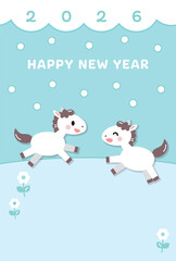 雪景色と馬の年賀状　午年　2026　縦　かわいい　イラスト