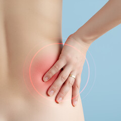 Photorealistic medical illustration of shoulder pain with X-ray overlay and a hand touching the affected area