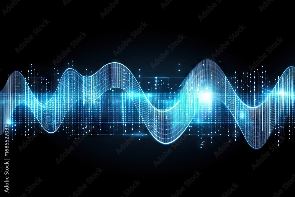 Aufkleber abstract digital waveform visualization with glowing blue energy pulses, flowing across a dark backg