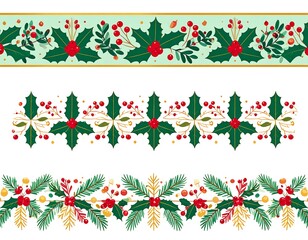 Christmas border pattern with holly and berries