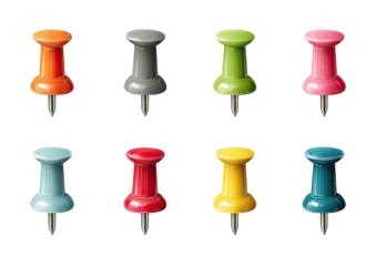 Nine colorful pushpins arranged in a grid, each with a distinct hue