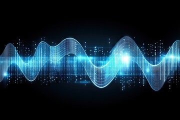 Abstract digital waveform visualization with glowing blue energy pulses, flowing across a dark background punctuated by pixelated light trails