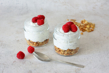 Healthy Yogurt Parfaits with Granola, chia seeds and Fresh Raspberries close up