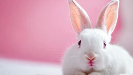 White bunny with pink ears resting on soft surface
