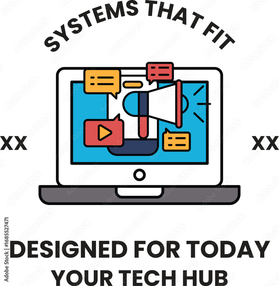 Poster a computer monitor with a large red speaker on it