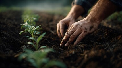 A farmer s hands gently plant a young green seedling into rich dark soil symbolizing growth and the start of a new agricultural season