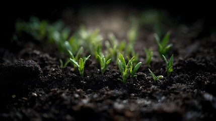 Close up of vibrant young green sprouts pushing through dark moist soil bathed in soft natural light symbolizing new life and growth