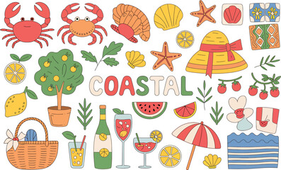 Fototapeta premium A vibrant collection of coastal summer themed doodle elements, featuring cute crabs, refreshing lemon cocktails, seashells, and a sun hat for a fun beach mood.