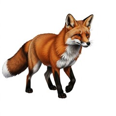Obraz premium A realistic illustration of a red fox walking, isolated on a white background, showcasing its bushy tail and alert expression