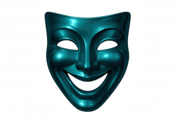 Theatrical glossy teal comedy mask expressing happiness, radiating positive emotion against transparent backdrop