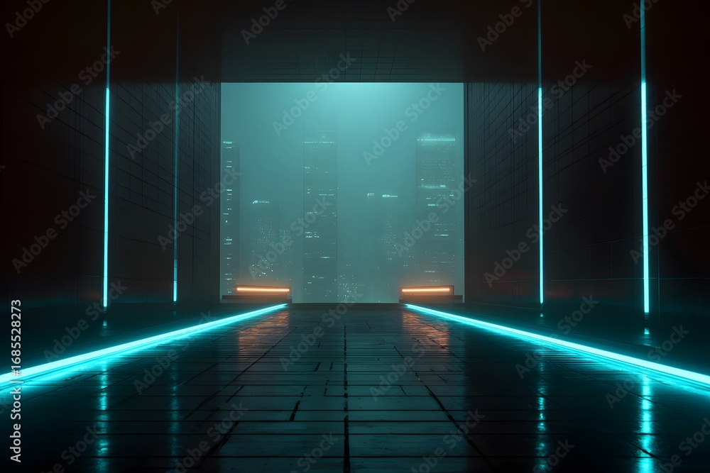 Poster a dark background with neon lines and light effects, creating an atmosphere of futuristic technology