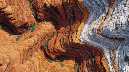 A dramatic geological formation features vibrant red and orange sedimentary rocks with wavy layers,