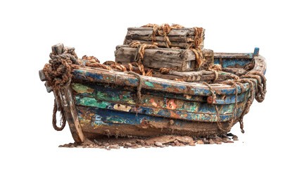 A weathered fishing boat, laden with cargo, rests on the shore