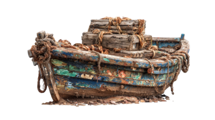 A weathered fishing boat, laden with cargo, rests on the shore