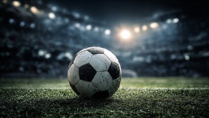 Obraz premium Soccer ball on stadium field under spotlight with blurred cheering fans, representing sports competition, men’s team match, and football championship atmosphere