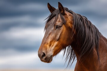 Obraz premium Elegant Portrait of a Majestic Bay Stallion Against a Dramatic Cloudy Sky