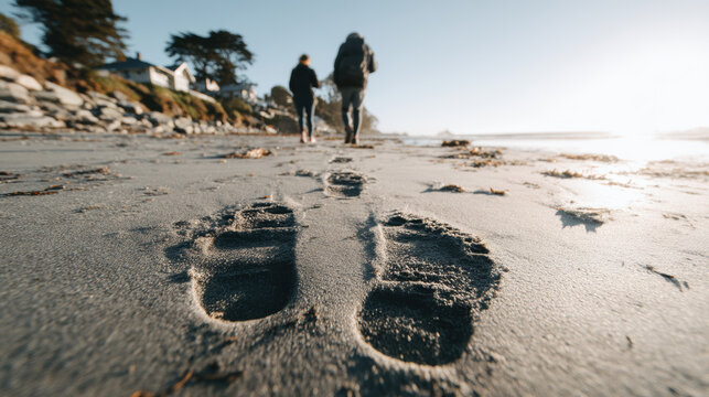 Couple walking hand in hand along sandy shoreline with soft footprints leading toward golden morning light and coastal houses, serene romantic beach scene evoking warmth and calm