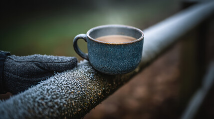 Gloved hand holding ceramic mug of steaming coffee on frost covered railing in soft morning glow, cozy chilly moment with blurred woodland background