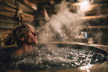 A cold plunge ice bath after a sauna session, person taking deep breath, wellness trend, recovery, rustic outdoor setting