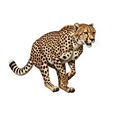 A cheetah in midstride, showcasing its speed and agility on a white background, ready to pounce