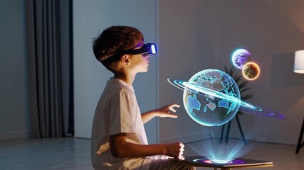 Young boy explores virtual reality technology while interacting with 3D holograms in a modern indoor setting - Powered by Adobe