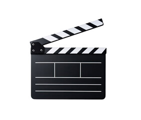 A black film clapperboard, with white stripes and rectangular sections, is shown against a black background.  The clapperboard is angled slightly to the right