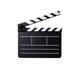A black film clapperboard, with white stripes and rectangular sections, is shown against a black background.  The clapperboard is angled slightly to the right