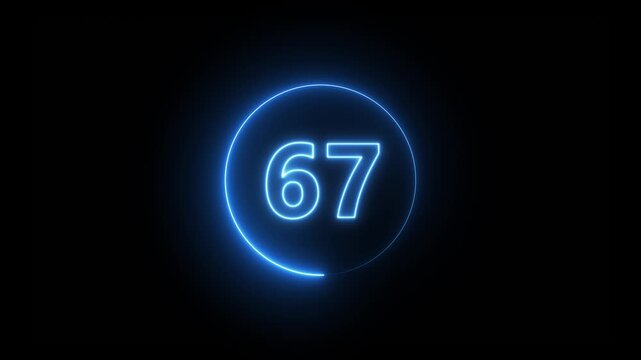 Abstract 67 neon text animation. Animation of glowing neon number text animation with alpha channel. Neon text 67 number icon on black background. 4k video