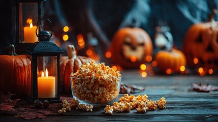 Spooky Cinema Night: Halloween Movie Theme with Popcorn on Rustic Table Surrounded by Eerie Atmosphere