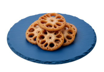 Golden-brown lotus root slices, delicately arranged on a vibrant blue plate, showcasing a rich, textured presentation against a stark black background.