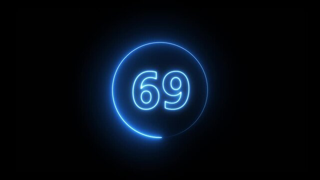 Abstract 69 neon text animation. Animation of glowing neon number text animation with alpha channel. Neon text 69 number icon on black background. 4k video