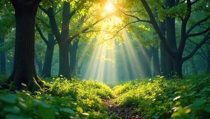 Obraz premium Serene forest scene perfect for nature meditation; sunlight dappling through leaves, creating a peaceful atmosphere ideal for mindfulness and relaxation , branches, spiritual journey