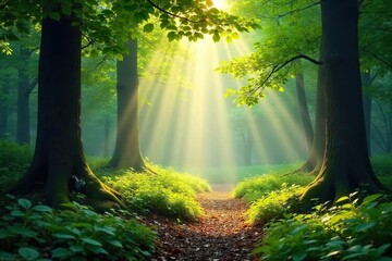 Obraz premium Serene forest scene bathed in soft sunlight filtering through leaves, creating dappled shadows on the forest floor Perfect for meditation, mindfulness, and relaxation themes , wild, mood