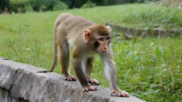 a wild Formosan rock macaque walks along the edge of a concrete path bordered by lush greenery offering a rare glimpse of this unique species its natural Taiwan habitat close-up 4k clarity