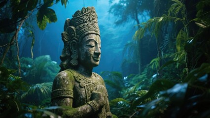Fototapeta premium Ancient stone statue amidst lush tropical jungle