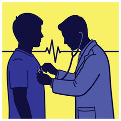 Doctor using stethoscope to examine a boy with a heartbeat line in the background patient examination