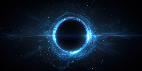 Vibrant photo of abstract, futuristic background with a blue, glowing light ring on a black, dark scene. a portal to another world, with energy flow and aura effects around the.