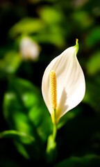 Close-up of a White Peace Lily Flower with a Yellow Spadix