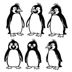Fototapeta premium Six cartoon penguins with black and white bodies and expressive faces animal bird