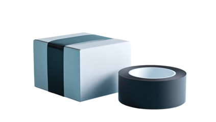 A light-gray box with a dark-gray band, next to a black tape roll.  3D render